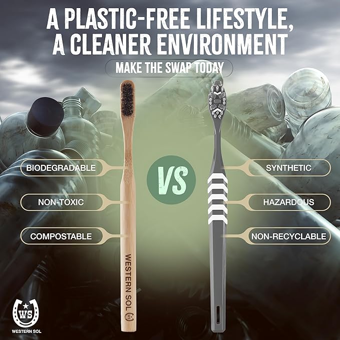 Western SOL Horse Bristle Bamboo Toothbrushes (4-Pack) – Luxury Toothbrush - Plastic-Free, Biodegradable, Eco-Friendly – No Chemicals