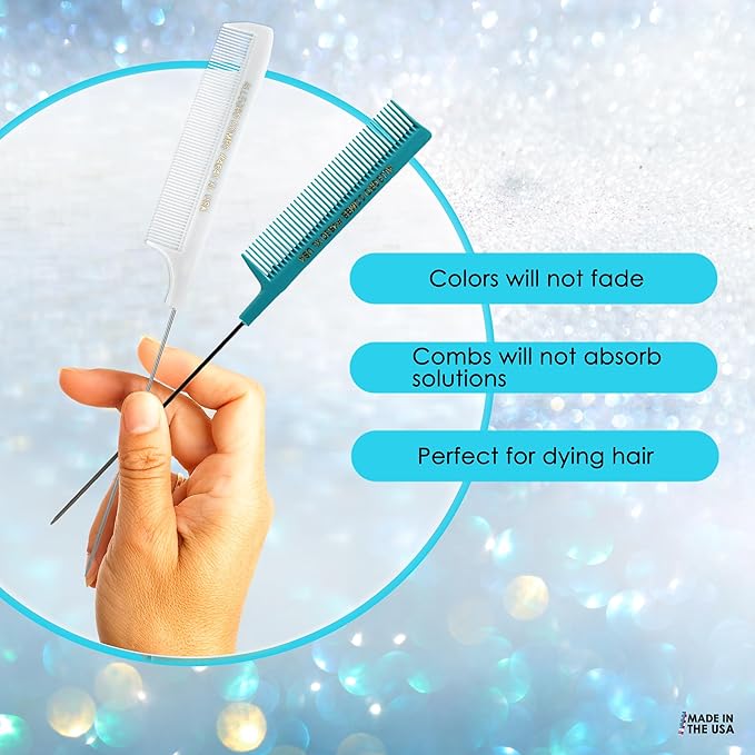Allegro XL Pintail Rat Tail & Parting Combs - Metal Tail Foiling & Pin Combs (2 Pc. AQUA & WHITE)