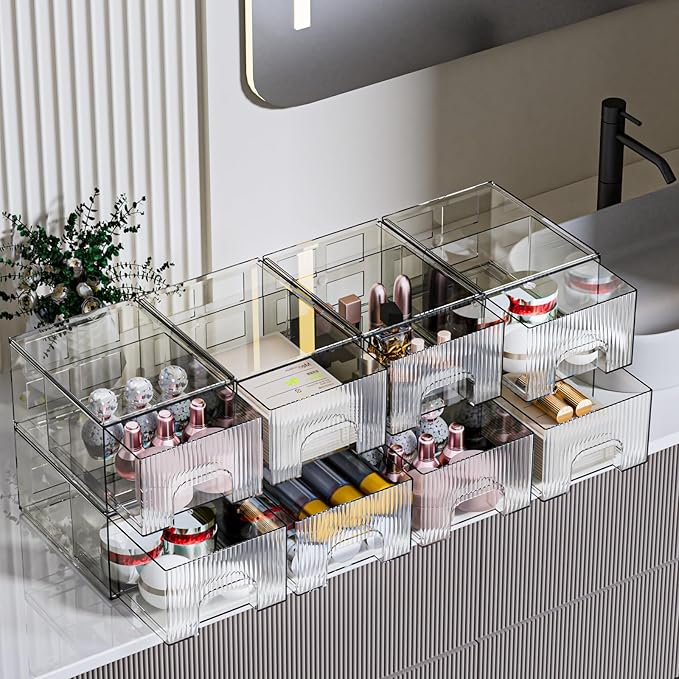 ZJIAI 8 Pack Clear Stackable Storage Drawer, Acrylic Drawer, Cosmetic Organizer, Plastic Organizer for Dresser, Under, Kitchen Cabinet, Pantry, Home Organization and Storage