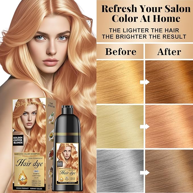 Natural Color Hair Dye Shampoo 3 IN 1, Instant Hair Coloring, Gray Coverage for Men & Women, Beard Dye Vegan Ammonia Free, Champú Para Canas Mujer & Hombre (GOLDEN COPPER BLONDE)
