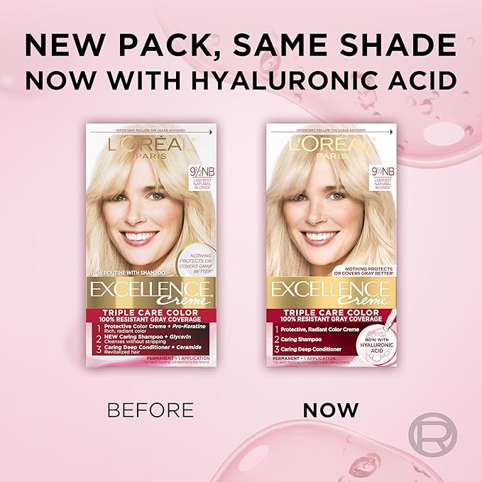 L'Oreal Paris Excellence Crème Permanent Hair Dye, Triple Care Hair Color with Pro-Keratine Complex for 100% Gray Hair Coverage, 9.5NB Lightest Natural Blonde, 1 Kit