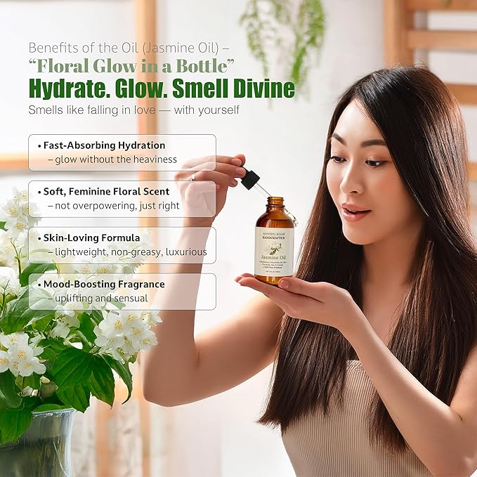 Jasmine Body, Hair & Nail Oil: Nourishing & Fast-Absorbing, Lightweight Glow, with Vitamin E, Jojoba & Sweet Almond, All-Natural, 4 Fl Oz