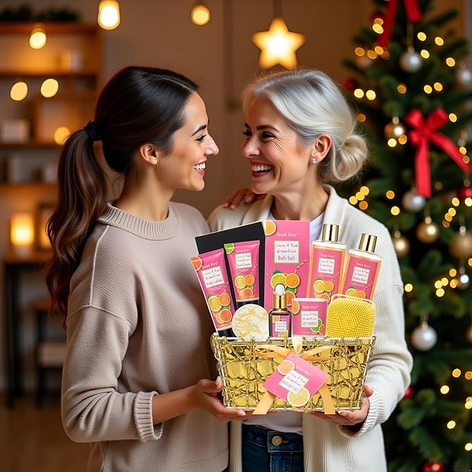 Bath & Body Gift Set, Luxury Christmas Gifts for Women Citrus Pink Grapefruit Spa Kit Gift Woman, 11 Pcs Self Care Kit Gifts With Bubble Bath, Massage Oil, Bath Brush, Birthday Gifts for Women