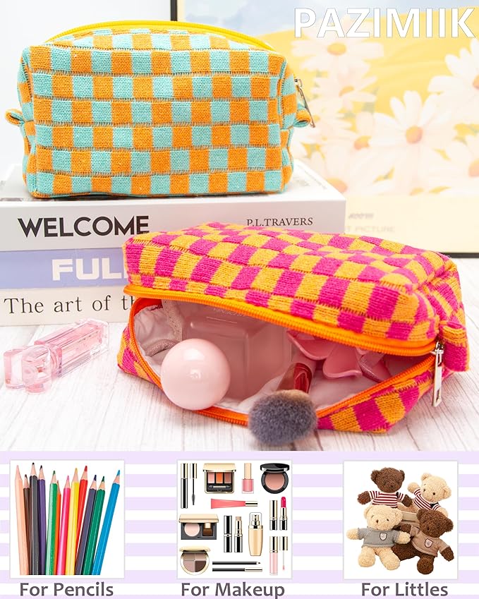 PAZIMIIK 6PCS Checkered Makeup Bag for Purse Portable Zipper Make Up Pouch Small Cosmetic Case for Travel Red Orange