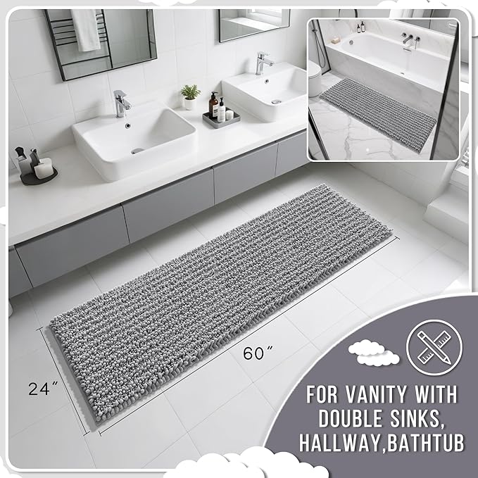 Yimobra Bathroom Runner Rug 60x24 Inch - Extra Long Non Slip Chenille Bath Mat, Soft & Absorbent, Machine Washable Shaggy Hallway Carpet for Vanity Tub Shower, Gray Home Decor Accessories