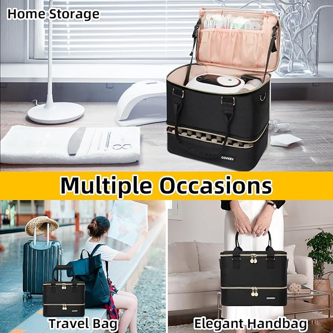 Nail Polish Organizer Hold 80 Bottles (15ml/0.5 fl.oz)& Nail Lamp, Double Layer Nail Bag Organizer Case with Handle, Large Nail Supplies& Kit Storage Case for Women Travel (Black& Golden)