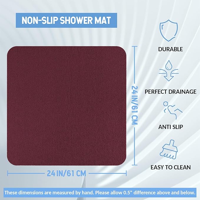 Non-Slip Bathtub Mat, Anti Slip Shower Mat, Fast Drying Bathtub Mats, Foot Scrubber Mat, Anti Slip Mat for Tub, Floor, Bathroom, Kitchen, Home, Hotel (Wine Red 24"×24")