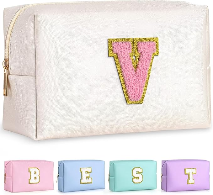 TOPEAST Initial Makeup Bags for Women, Personalized Portable Cosmetic Bag for Travel, Cute Makeup Pouch, PU Leather Waterproof Toiletry Bag, Preppy Things for Girl (Pearly White V)