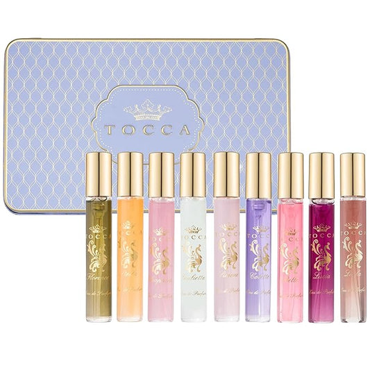 Tocca Luxury Fragrance Wardrobe, Set of 9 Travel Size Women's Perfumes in Giftable Tin Case, Includes Florence, Cleopatra, Stella, Giulietta, Simone, Colette, Belle, Lucia & Laila