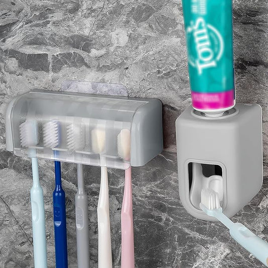 5 Slots Wall Mount Toothbrush Holder with Cover, Self Adhesive Toothbrush Storage Organizer for Shower, Toothbrush Hanger with Automatic Toothpaste Squeezer Dispenser (Grey)