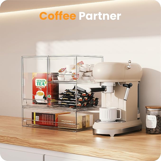 A-LuGei 【𝟰𝗣𝗖𝗦】 Acrylic Stackable Storage Drawers, 7.5" L Makeup Organizer, Bathroom Organizer and Storage, Plastic Storage Bins for Kitchen Cabinet Pantry Medicine Fridge