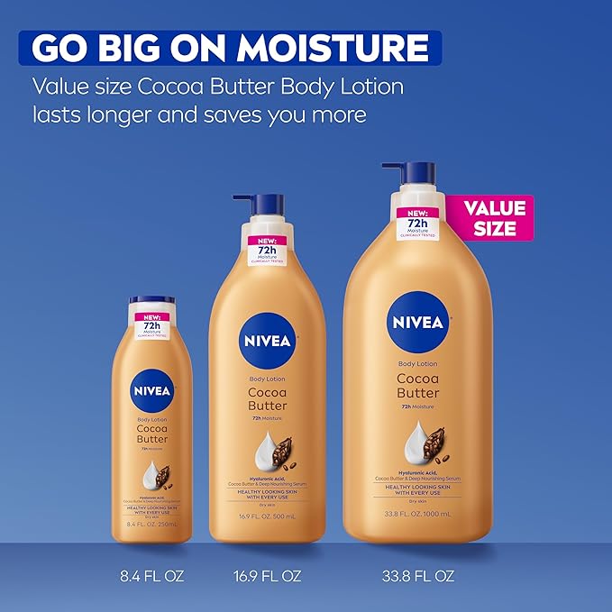 NIVEA Cocoa Butter Body Lotion for Dry Skin with Hyaluronic Acid, Cocoa Butter and Deep Nourishing Serum, 72-Hour Body Moisturizer, 33.8 Fl Oz Value Size Pump Bottle