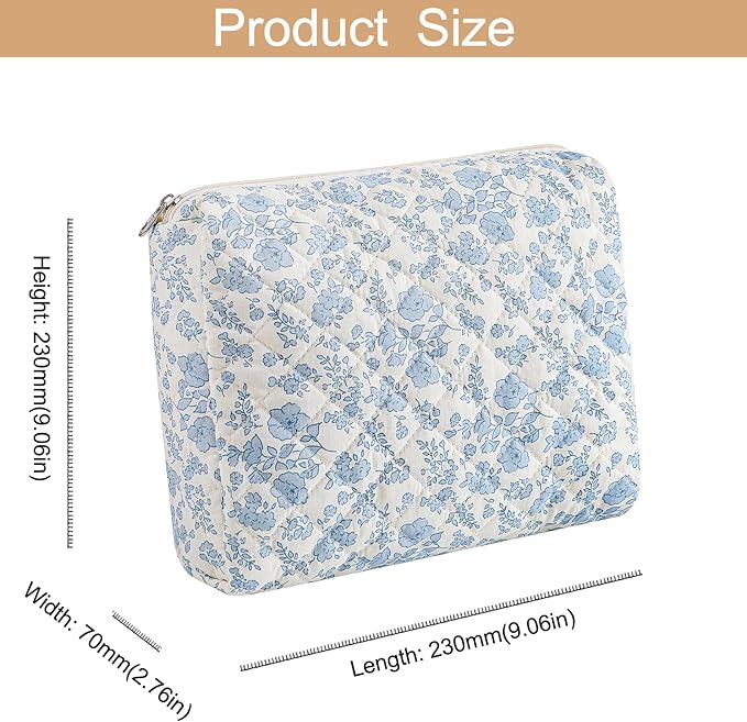 Makeup Bag Travel Cosmetic Bag for Women Girls, Zipper Make Up Pouch, Floral Flowers Toiletry Organizer Makeup, Portable Storage Cosmetic Travel Cloth Bag (L/Blue Floral)