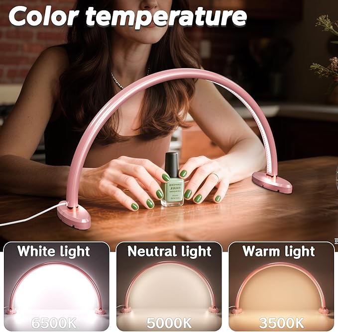Small Half Moon Light for Nail Desk, Nail Tech Lamp with Liftable and Removable Base for Manicure/Painting/Crafts and Photograph，Personal Use Lamp for Nails Table Pink 16 inch