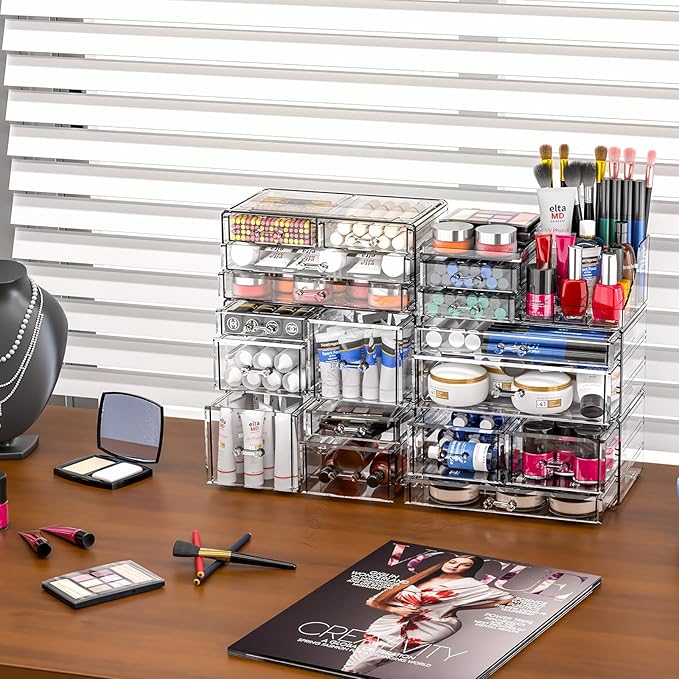 SUOXING Clear Acrylic Makeup Organizer for Vanity,Bathroom,Dresser,4 Drawer Make up Organizers for Counter,Plastic Countertop Makeup Storage for Beauty,Hair Accessory,Brush,Cosmetic,Skincare Organizer