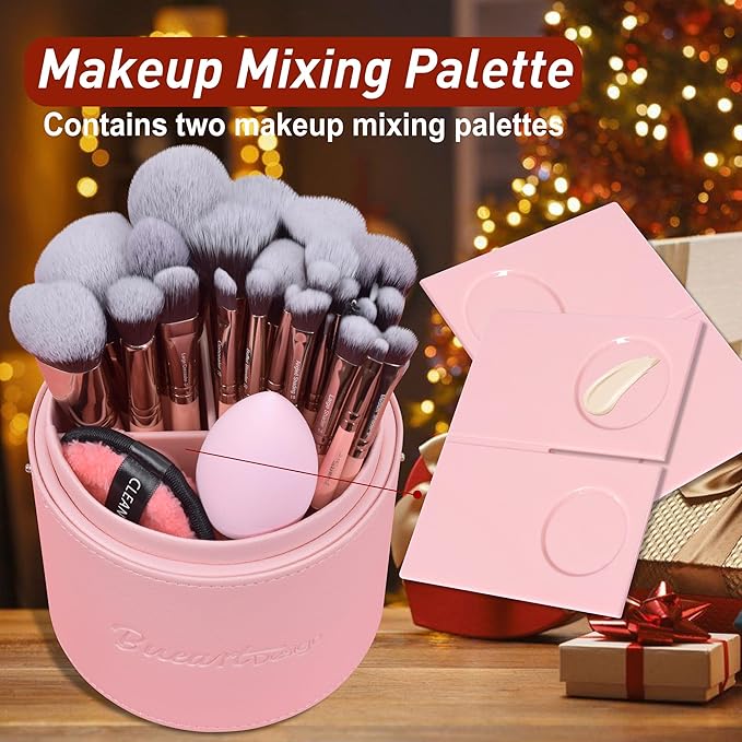 Bueart Design Labeled 30Pcs Professional Deluxe Makeup Brushes set with Extra large holder case for Foundation Face Blending Blush Concealers Eyeshadow