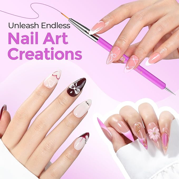 UNA GELLA Nail Art Pens 6PCS Purple Color Double-ended Acrylic Nail Brush Set Nail Dotting Tools Nail Art Design Brushes for Gel Polish, Liner, Drawing, Dotting and Detailing French Tip Tool