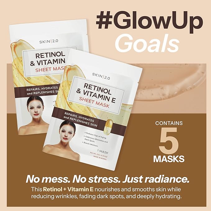 Retinol & Vitamin E Sheet Mask - Anti-Aging, Acne Scar & Hyperpigmentation - Hydrating, Dermatologist Tested Korean Skincare - Clean Beauty, Cruelty-Free, All Skin Types - 5 Masks