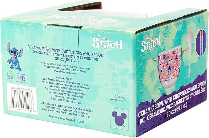 Silver Buffalo Disney Lilo and Stitch Flower and Leaves Pattern Ceramic Ramen Noodle Rice Bowl with Chopsticks and Spoon, Microwave Safe, 20 Ounces