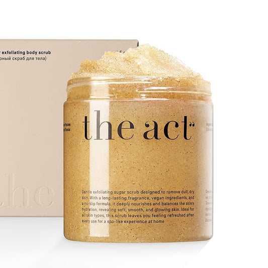 THE ACT Sugar Exfoliating Body Scrub – Natural Body Polish for Smooth Skin – Gentle Skin Care with Shea, Almond, Macadamia, Green Coffee, Vegan – Self Care Gift for Women