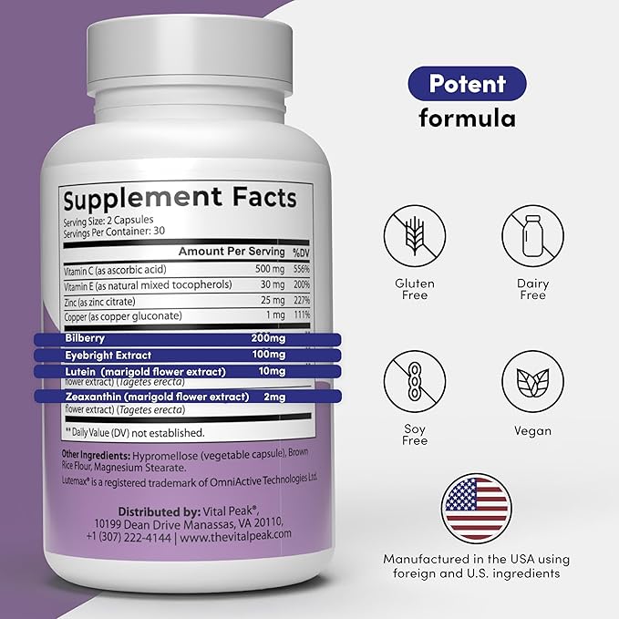 Provision - Eye Vitamins - Eye Health Supplements - with Bilberry, Eyebright, Lutein, Zeaxanthin & More Vitamins - Vegan, Non GMO, Dairy Free, Soy Free, Gluten Free - 60 Capsules