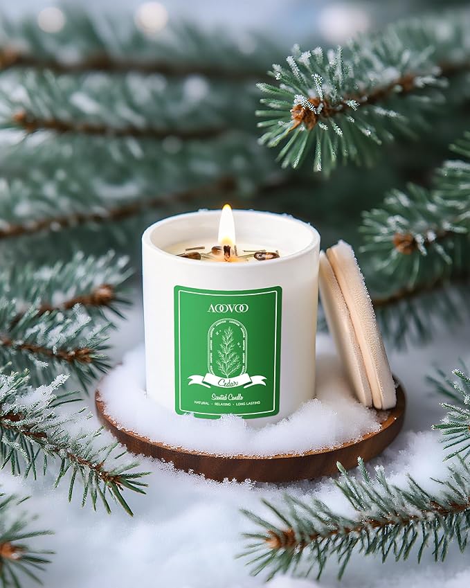 AOOVOO Cedar Scented Candles for Women - Aromatherapy Candle with Crystals Inside, 10oz Soy Candles for Home Scented, Birthday Gifts Christmas Candle for Women Mom
