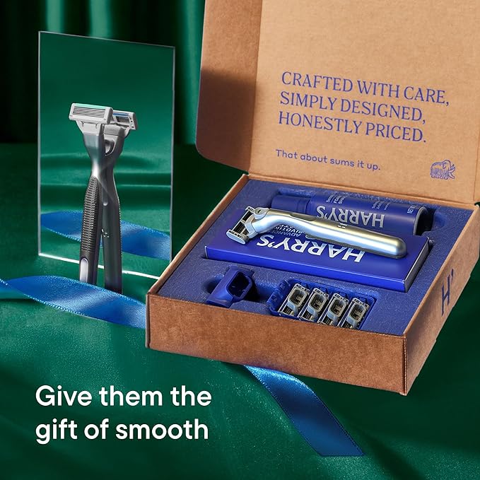 HARRY'S PLUS: Shaving Kit for Men – Gift Box with Premium Handle, 5 Razor Blade Cartridges, 2 oz Foaming Shave Gel & Travel Cover, Advanced Pivoting System – Tide