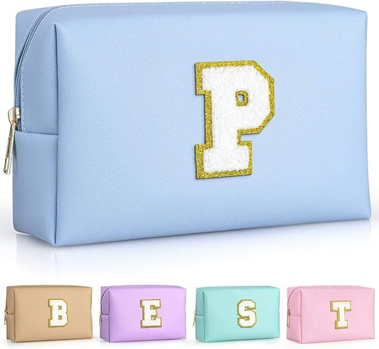 TOPEAST Personalized Makeup Bag, Chenille Letter Pouch Cosmetic Bag w Zipper, PU Leather Waterproof Toiletry Bag, Bridal Shower Gifts for Bridesmaids, Cute Stuff for Girls (Sky Blue P)