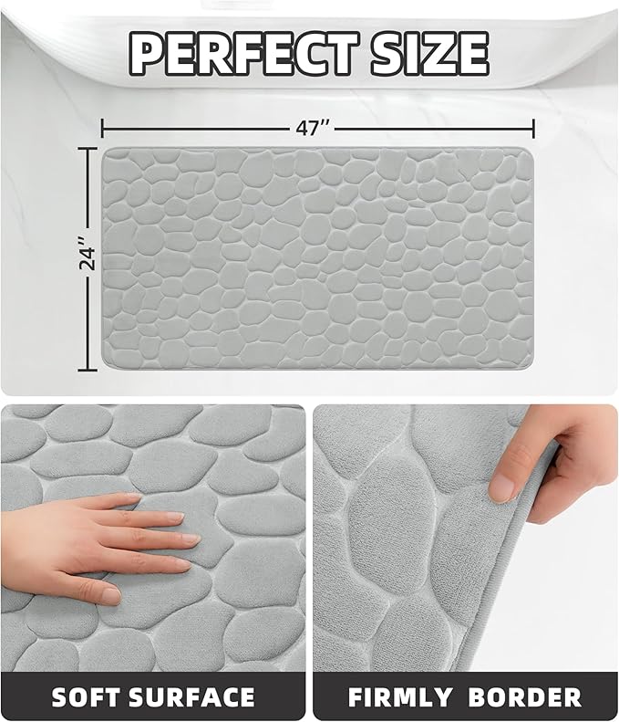 YIHOUSE Memory Foam Runner Rug, Cobblestone Bathroom Runner Rugs Super Water Absorbent Bath Mats for Bathroom Machine Washable Bath Rugs for Hallway Bedroom Laundry Room(24 x 47,Light Gray)