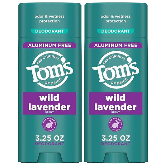 Tom’s of Maine Wild Lavender Aluminum Free Natural Deodorant For Women & Men | Goes on Clear | Odor & Wetness Protection | Naturally Derived and Moisture-Locking Ingredients | 3.25 oz (2 Pack)