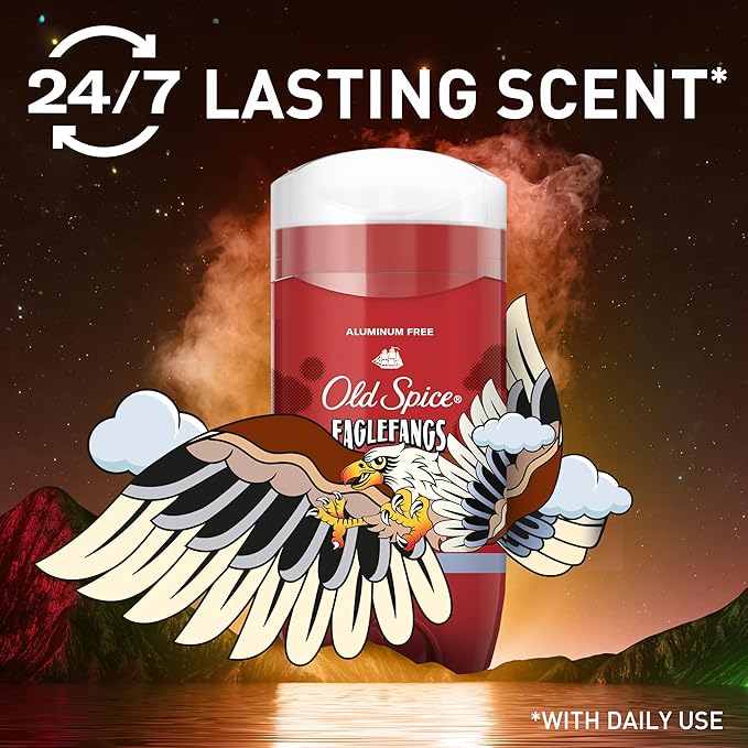 Old Spice Aluminum Free Deodorant for Men, 24/7 Odor Protection, 24/7 Freshness & Lasting Scent, Goes on Clear, Eaglefangs with Fresh Cloud Scent, 3.0 oz (Pack of 3)