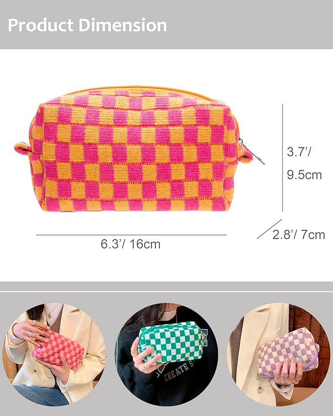 PAZIMIIK 2PCS Checkered Makeup Bag for Purse Portable Zipper Make Up Pouch Small Cosmetic Case for Travel Red Orange