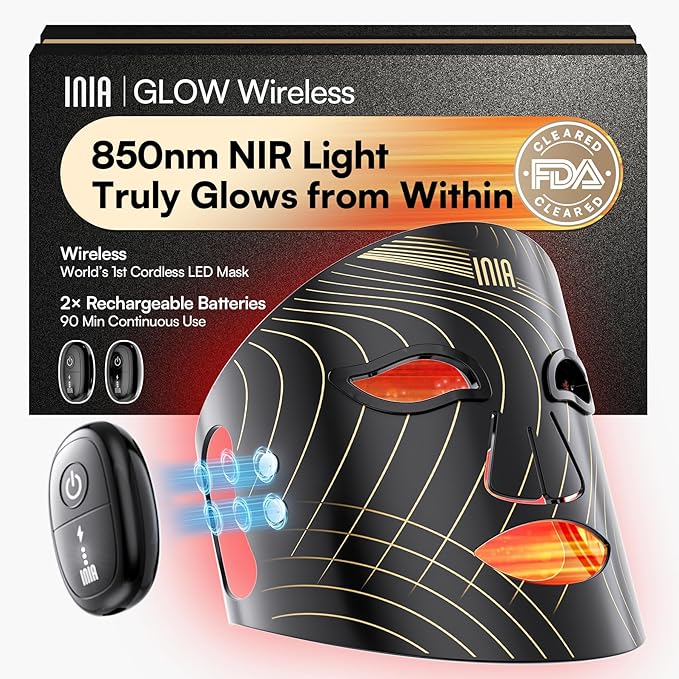 INIA Red Light Therapy Mask for Face, Glow Wireless LED Face Mask Light Therapy with Near-Infrared Red Light (NIR), Rechargeable and Ergonomic Design for Home & Travel