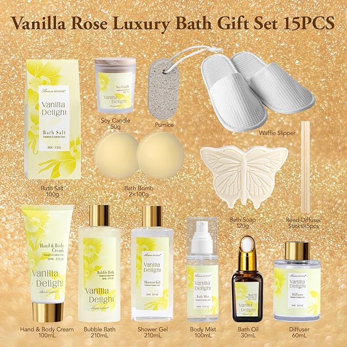 Spa Gifts for Women, 15Pcs Vanilla Rose Women Spa Gift Baskets w/Body Mist, Diffuser, Bath Bomb. Relaxing Bath Sets, Mothers Day Gifts for Mom, Unique Birthday Gift Basket