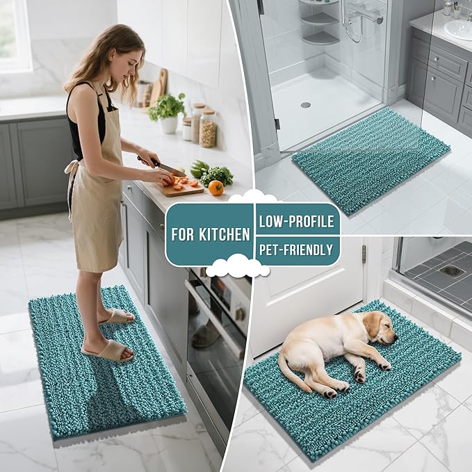 Yimobra Bathroom Runner Rug 55x24 Inch - Extra Long Non Slip Chenille Bath Mat, Soft & Absorbent, Machine Washable Shaggy Hallway Carpet for Vanity Tub Shower, Teal Blue Home Decor Accessories