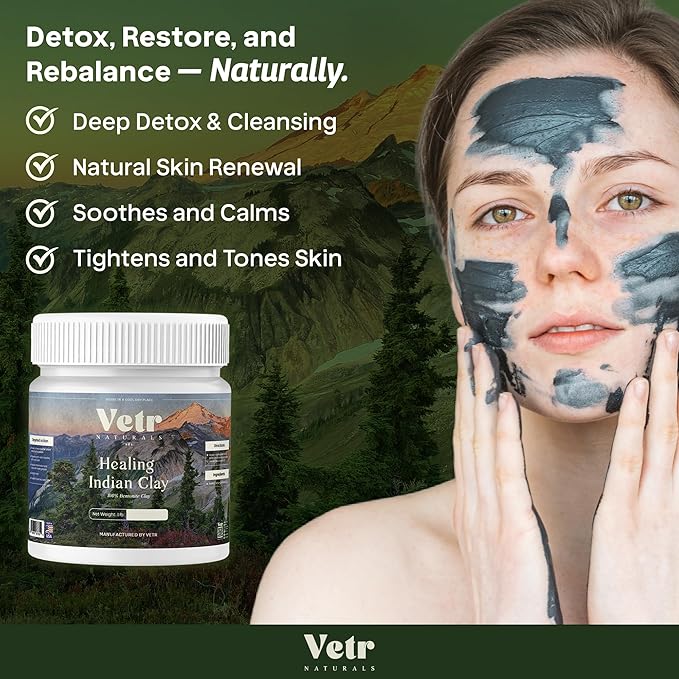 vetr Naturals Healing Indian Clay - Organic Natural Bentonite Clay 1 lb - Deep Pore Cleansing Facial, Hair & Body Mask - 100% Pure Calcium Bentonite for Detox & Skin Care