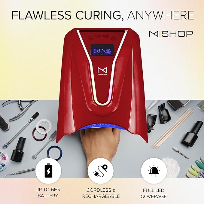M - Crystal Cure 128W UV Nail Lamp - Fast Curing Nail Light with 45 Powerful 365nm+405nm LEDs - Cordless, Rechargeable, Auto Sensor - UV Light for Gel Nails for Manicures & Pedicures (Red)