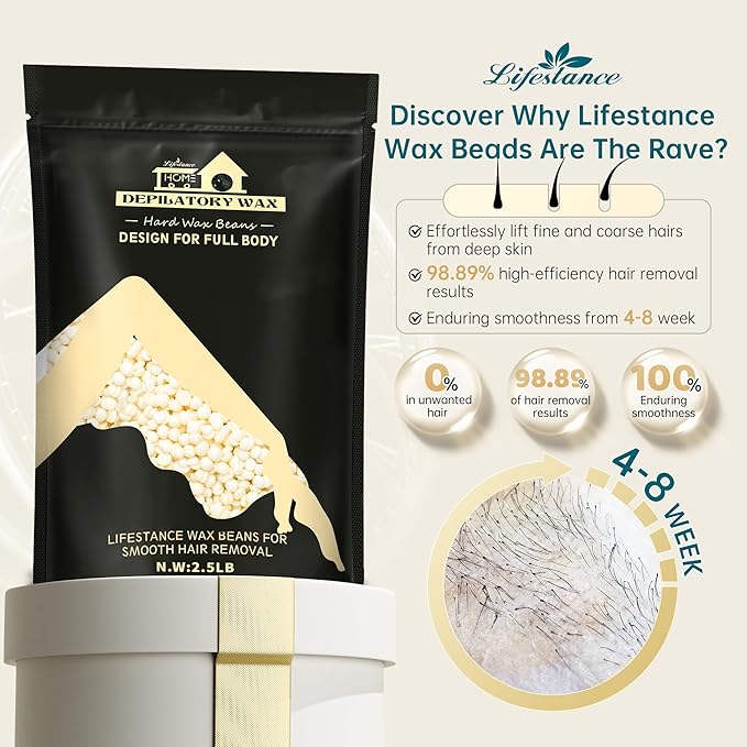 Lifestance 2.5lb Wax Beads Kit, Cream Hard Wax Beans For Hair Removal Eyebrow Face Underarm, Waxing for Brazilian Bikini Coarse Hair Women Men Large Pearl Beads Refill for Wax Pots
