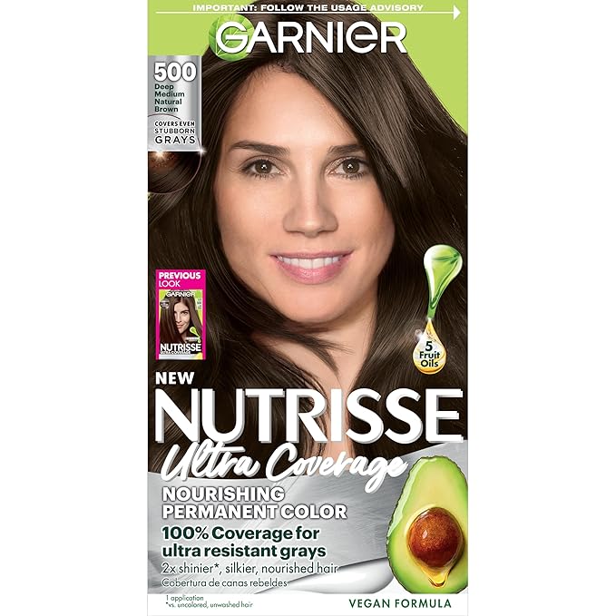 Garnier Hair Color Nutrisse Ultra Coverage Nourishing Creme, 500 Deep Medium Natural Brown (Glazed Walnut) Permanent Hair Dye, 1 Count (Packaging May Vary)