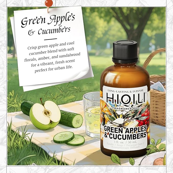 HIQILI Green Apples & Cucumbers Fragrance Oil for Candle, Soap, Perfume Making, Inspired by D.Ka-Ran B.De-Licious, Fresh Scents, Add to Skin & Hair Care Products - 1 Fl Oz