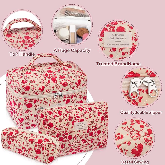3pc Makeup Bag Set, Quilted Makeup Bag Set, Large Floral Cosmetic Bag for Women, Cute Cotton Makeup Bags, Flower Travel Toiletry Organizer Bag (Bright Pink)
