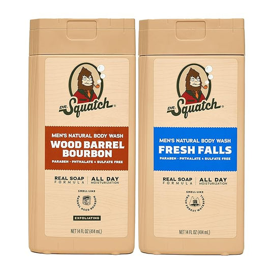 Dr. Squatch NEW Body Wash for Men with Nourishing, Natural Ingredients | No Paraben, Phthalate, Sulfate | All Day Moisture | Long Lasting Scent | Wood Barrel Bourbon & Fresh Falls (14 oz, 2-Pack)