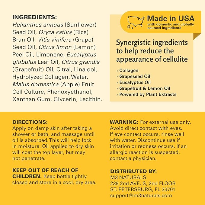 Firming Body Massage Oil with Collagen & Stem Cell – Helps Smooth The Appearance of Cellulite & Improve Skin Texture – Refreshing Aromatherapy Body Oil for Legs & Full Body – 8 Fl Oz by M3 Naturals