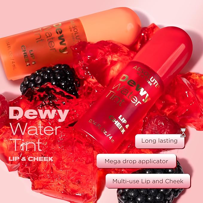 Absolute New York Dewy Water Lip and Cheek Tint, Glassy Tinted Lip Oil, with Vitamin E, Squalane and Jojoba Seed Oil (MLTN03 Strawberry Mousse)