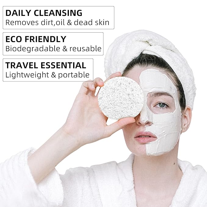60-Count Compressed Facial Sponges|100% Natural Kickleen Cellulose Cosmetic Spa Sponges for Daily Facial Cleansing|Makeup and Mask Removal | Exfoliating | Skin Massage | Pore Exfoliation(White)