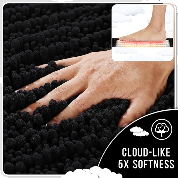 Yimobra Bathroom Rugs Non Slip Washable - Ultra Soft Absorbent Chenille Bath Mat, Quick Dry Shaggy Floor Carpet for Tub Shower, Black Home Decor Accessories, 24x17 Inch