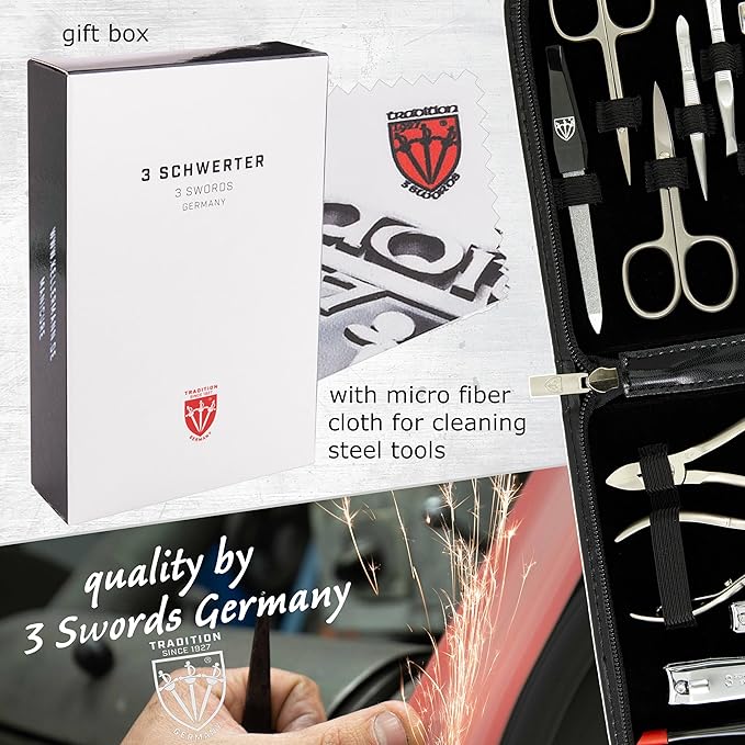 3 Swords Germany - brand quality 12 piece manicure pedicure grooming kit set for professional finger & toe nail care with black synthetic leather case - Made in Germany