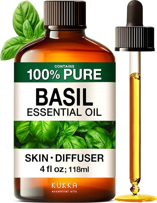 KUKKA Basil Essential Oils - 4 Fl Oz - for Hair, Skin, Diffuser, Aromatherapy & DIY Soap Making Scent