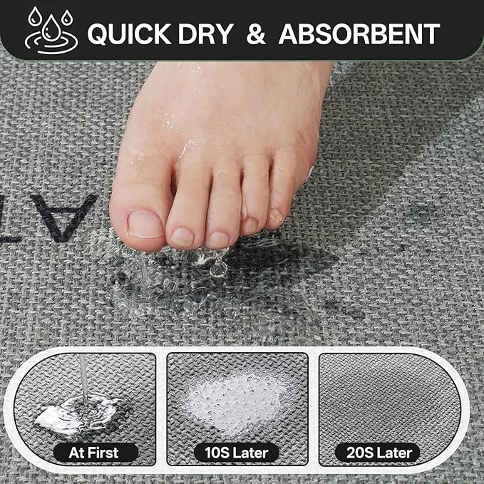 Non-Slip Bath Mat with Upgraded Rubber-Backing, Washable Thin Bath Mats for Bathroom Floor, Absorbent Woven Bathroom Rugs, Quick Dry, Fits Under Door, 20x32, Grey