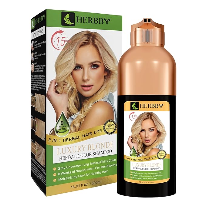 HERBBY Hair Color Shampoo for Gray Hair Coverage&Color Transform with 9 Herbal Extracts –Long Lasting(6-8 Weeks),Shiny,Evenly Colored,Instant Hair Dye Shampoo&Conditioner,500 Ml (LUXURY BLONDE COLOR)